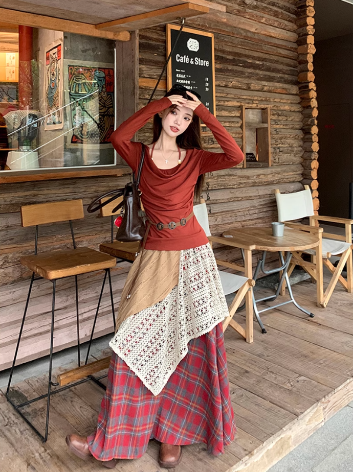 Fairy outfit two-piece suit design halter neck t-shirt fake two-piece plaid skirt suit R1699