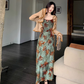 French style retro green printed dress with slim waist and suspenders long dress with lace cardigan R1695