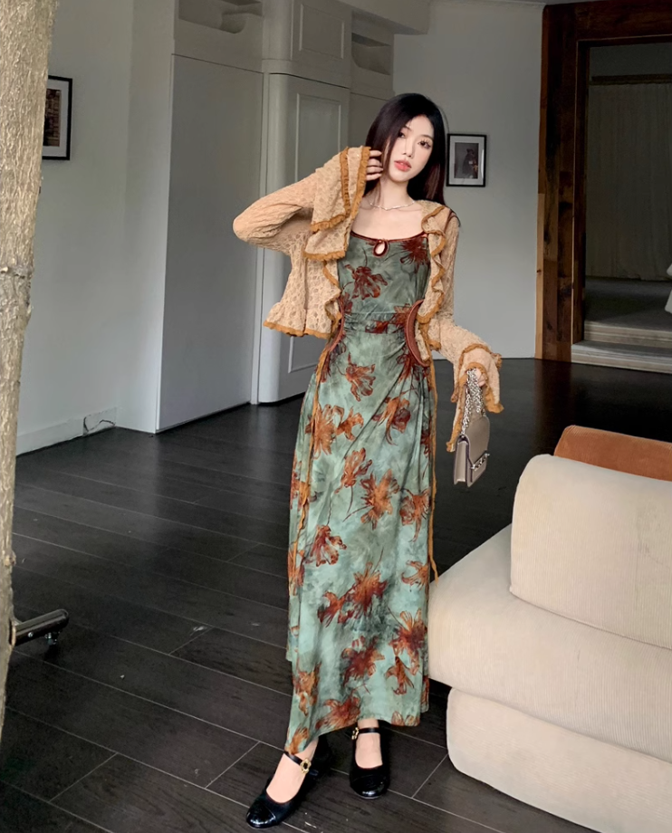 French style retro green printed dress with slim waist and suspenders long dress with lace cardigan R1695