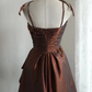Dark brown suspender asymmetrical skirt satin princess skirt homecoming dress R4150