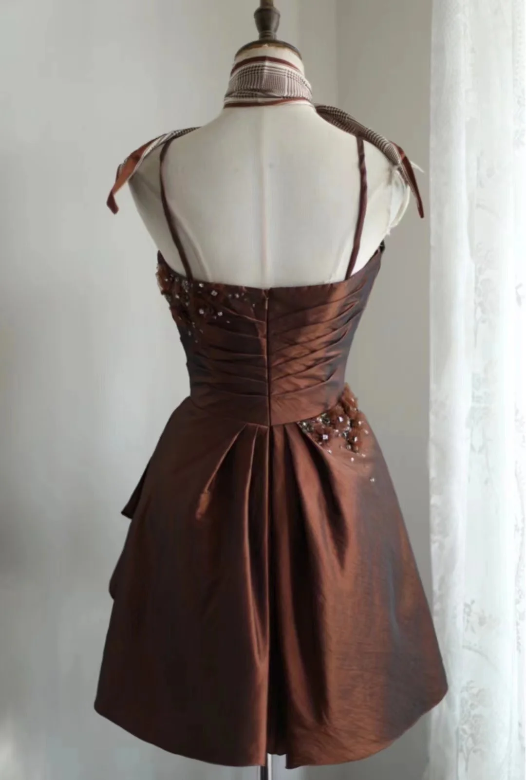 Dark brown suspender asymmetrical skirt satin princess skirt homecoming dress R4150