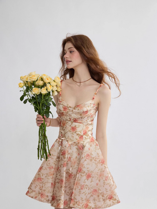 French suspender skirt floral dress high-end wear short skirt summer skirt R2767