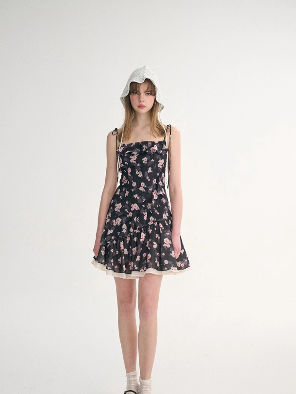 French style skirt short suspender skirt floral dress small flower skirt R2753