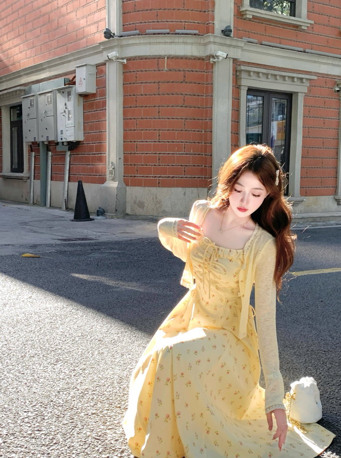 French style yellow temperament suspender dress women's summer beautiful long dress R3828