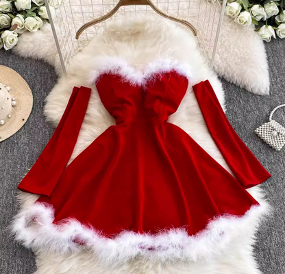 Women's Christmas dress, sexy low-cut waist-slimming, long-swing fur suspender tube top dress R0356