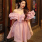 Pink one-shoulder gentle and generous waist-length skirt short skirt homecoming dress R4041