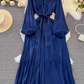 High-class lady temperament long-sleeved bow tie waist slimming A-line shiny sequin dress R0388