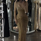Sexy Gold Mermaid Long Evening Dresses Beaded Prom Gown     S6953