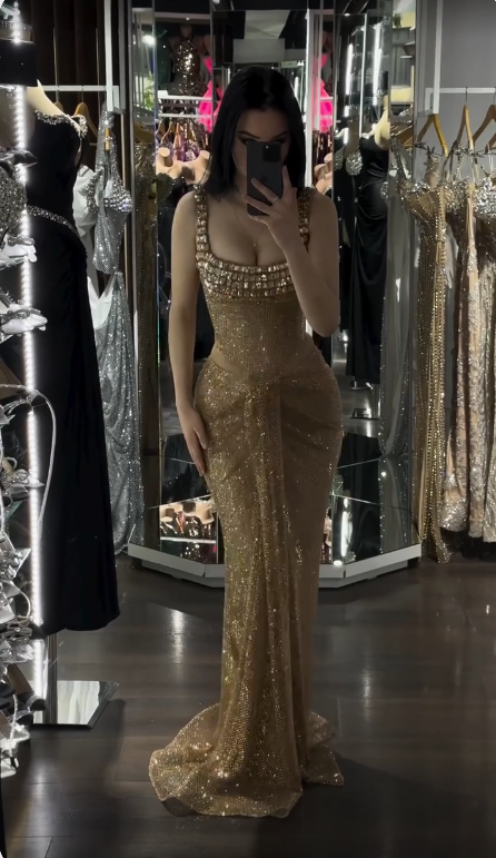 Sexy Gold Mermaid Long Evening Dresses Beaded Prom Gown     S6953