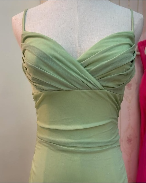 Green Chiffon Prom Dress Spaghetti Straps Evening Dress     S7015