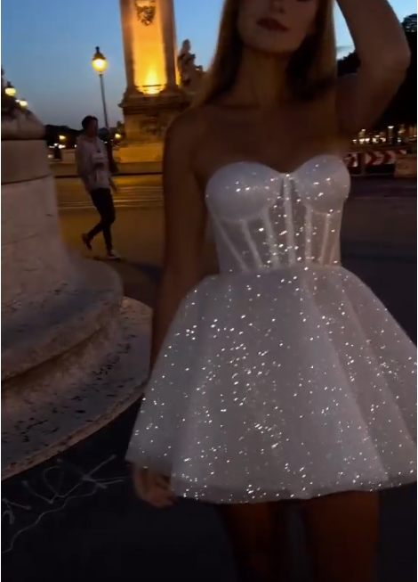 White Prom Dresses Heart Shaped Neck Glitter Shining Short Evening Dresses     S7060