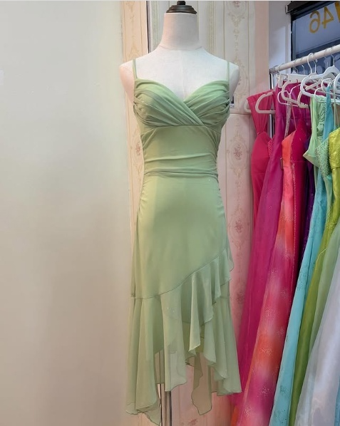 Green Chiffon Prom Dress Spaghetti Straps Evening Dress     S7015