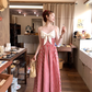 Long red plaid v-neck suspender dress for women summer French temperament skirt R4829