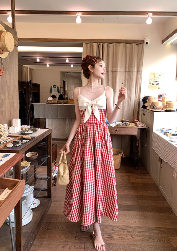 Long red plaid v-neck suspender dress for women summer French temperament skirt R4829