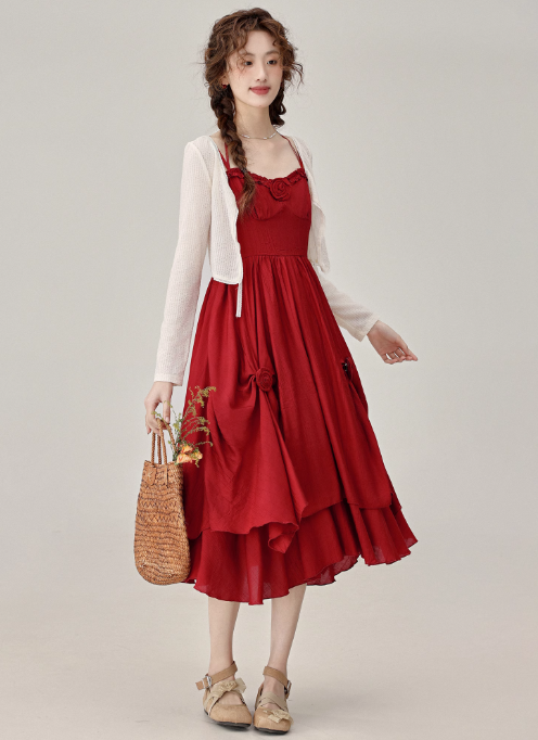 Summer French retro red suspender dress seaside holiday dress R1900