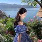 French heavy embroidery hollow ruffle short skirt one shoulder holiday waist slim fishbone tube top dress R0201