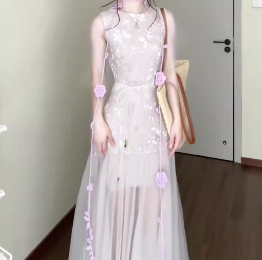 Purple mesh jacquard vest dress temperament waist A-line long skirt R0733