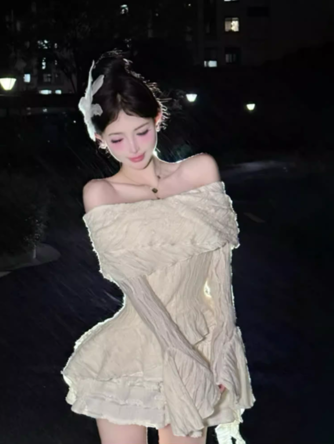 Pure desire style textured one-shoulder top 2025 sweet and spicy cake skirt suit R1082