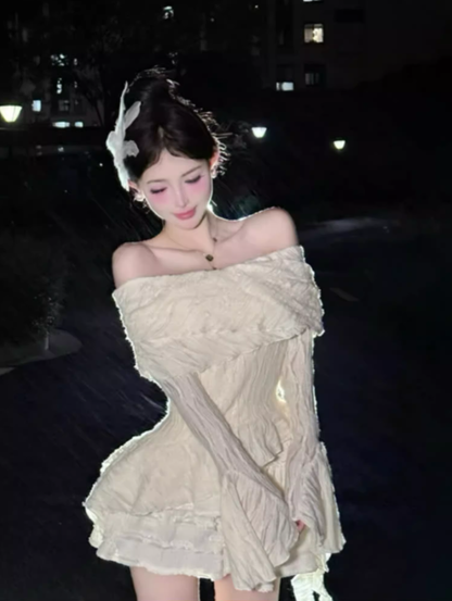 Pure desire style textured one-shoulder top 2025 sweet and spicy cake skirt suit R1082