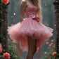 Pink tube top waist slim cake puffy skirt homecoming dress R3773