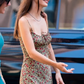 Dress French style holiday retro print drawstring suspender long dress R2914