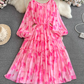Gentle style lady temperament long sleeve low round neck waist medium length A-line printed dress R0392