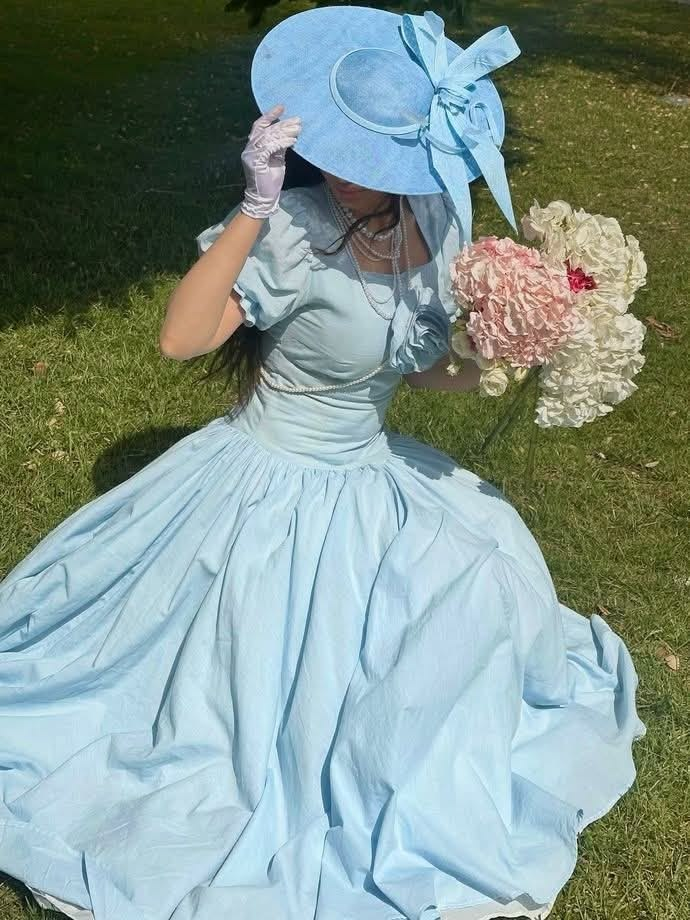 Fresh Puffy Women's Prom Gown Blue Waist Fitted Maxi Evening Dress Birthday Dress — Fall Outfit 2026 New  RS3298