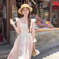 Pink long square neck waist A-line suspender dress women's summer French retro skirt R4740
