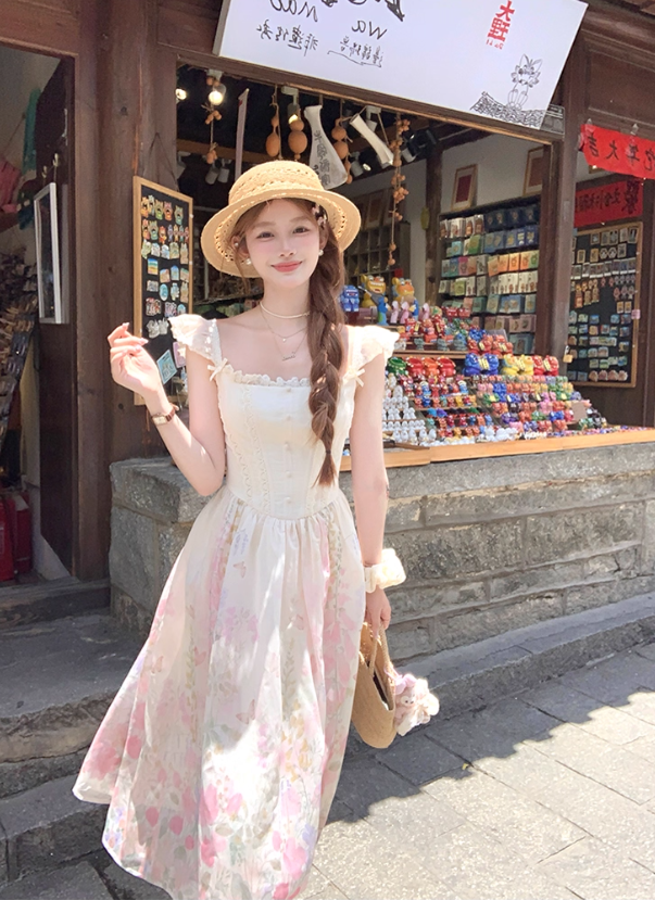 Pink long square neck waist A-line suspender dress women's summer French retro skirt R4740