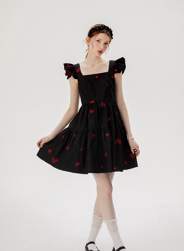 French style suspender floral skirt small flying sleeve black skirt short dress R2748