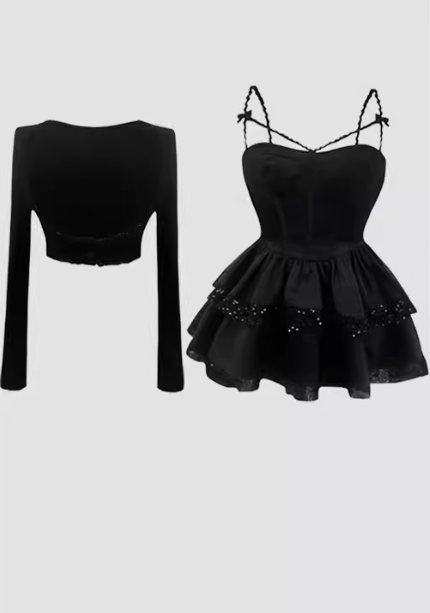 Sweet and spicy suspender dress 2025 pure desire waist small black dress suit R1124