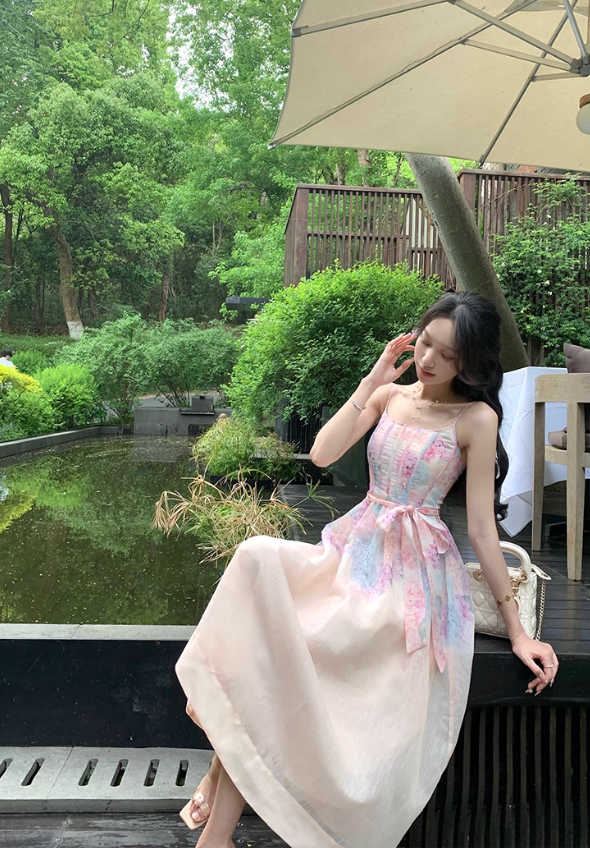 Fresh and elegant gradient print dress female 2025 new French gentle style flower suspender skirt R4380