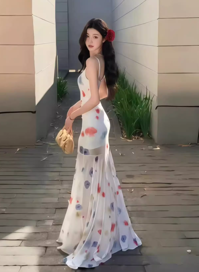 Dopamine waist skirt outfit waist long skirt fishtail skirt beautiful color suspender dress R1616