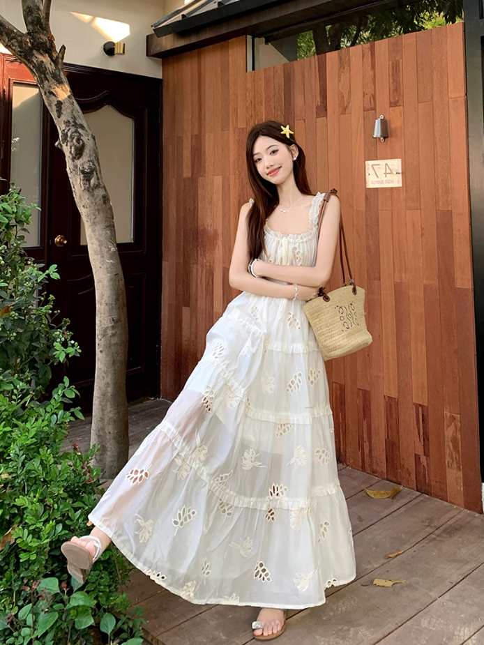 Fairy waist skirt travel photo shoot long skirt exposed waist suspender dress R1763