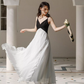 French black and white stitching suspender backless dress pleated skirt ruffled fairy long skirt R1591