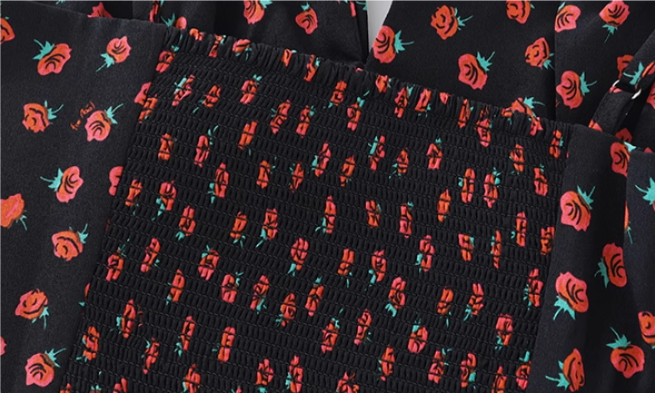 French holiday style long black 2025 new sling floral slim dress R2655