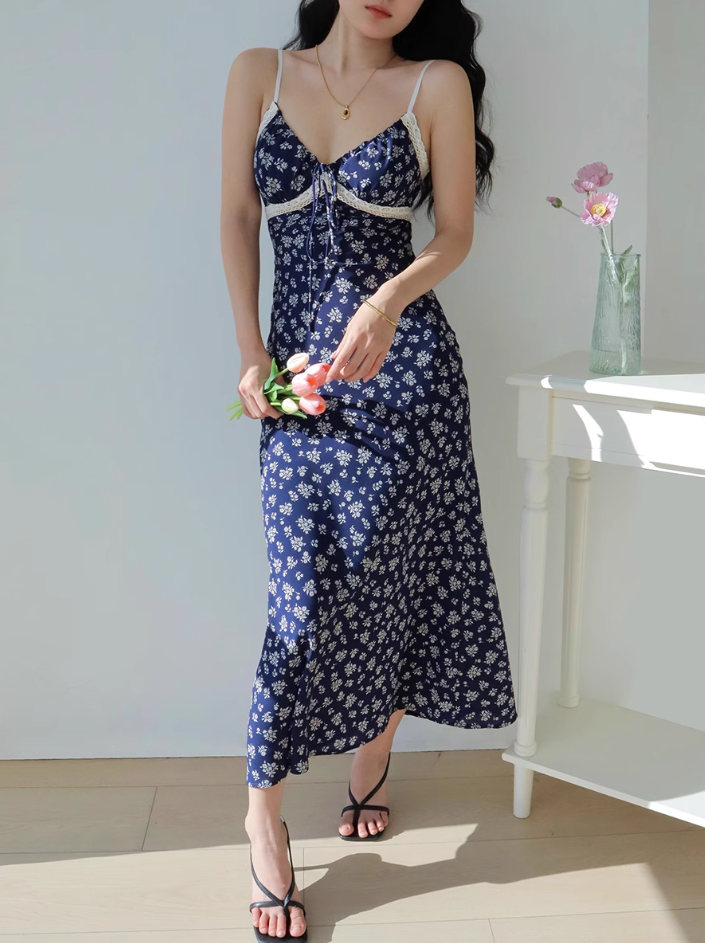 French retro floral suspender dress with slim waist and lace short skirt R2858