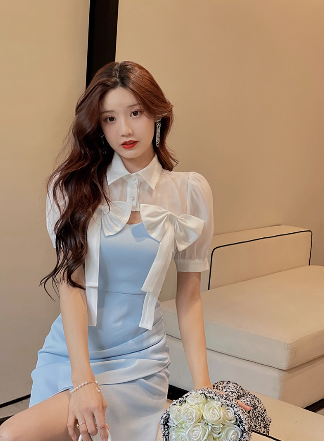 Women's Bow Tie Shirt V-Neck Suspender Slim Waist Dress Suit R4457