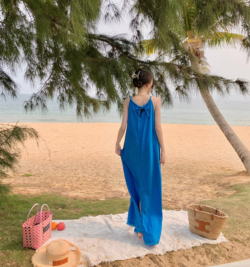 Klein blue sleeveless suspender dress loose lazy style seaside holiday atmosphere dress R1633