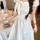 Long waist polka dot short-sleeved dress for women summer French retro temperament skirt R4626