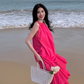Seaside holiday style rose red white sleeveless dress high-grade layered pleated skirt R1582