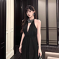 Birthday dress high-end party dress high-end niche exquisite black halter dress R1795