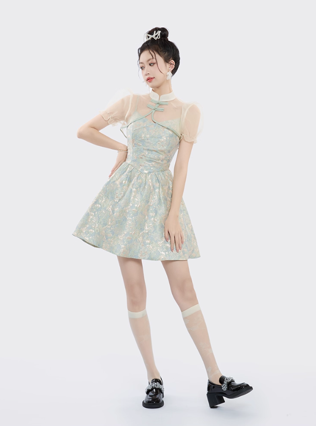 Chinese style improved cheongsam collar top suspender dress summer two-piece suit R4115