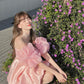 Pink puff sleeve one shoulder waist puffy skirt homecoming dress R3467