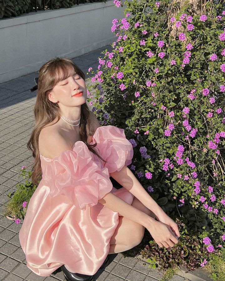 Pink puff sleeve one shoulder waist puffy skirt homecoming dress R3467