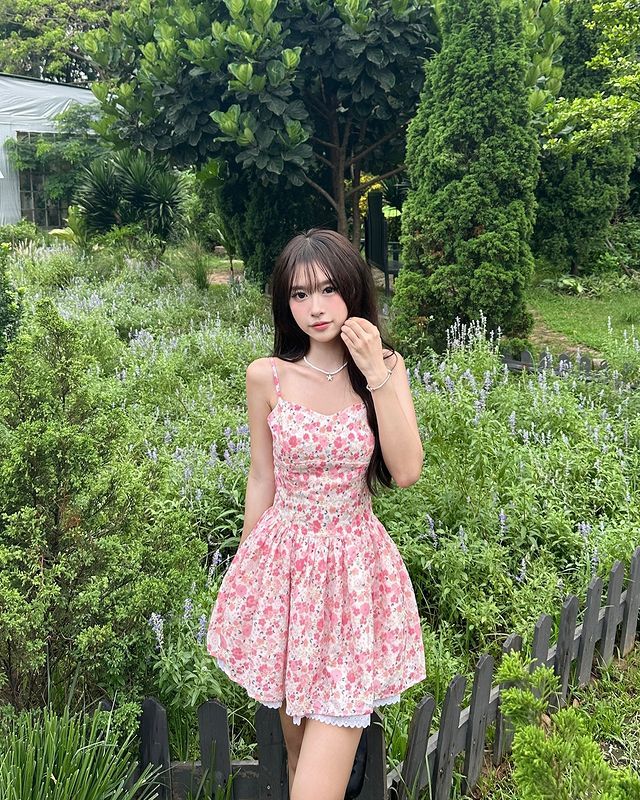 Pink small floral suspenders waist slimming and slimming cute mini skirt homecoming dress R4040