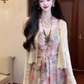 Retro floral suspender dress gentle temperament waist A-line long skirt R0785