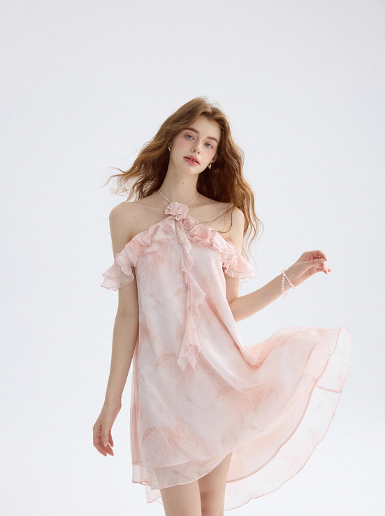 Morning Dew Garden Halter Neck Dress Ruffled Suspender Skirt Holiday Outfit Short Skirt Women Summer R3423