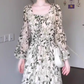 Green floral long-sleeved dress gentle temperament waist A-line long skirt R0707