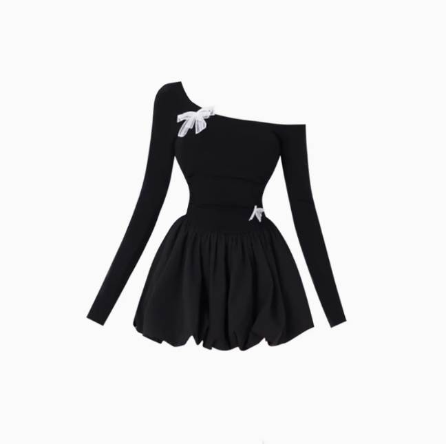 Sweet and spicy off-shoulder long-sleeved dress 2025 waist bow puffy bud skirt R1021